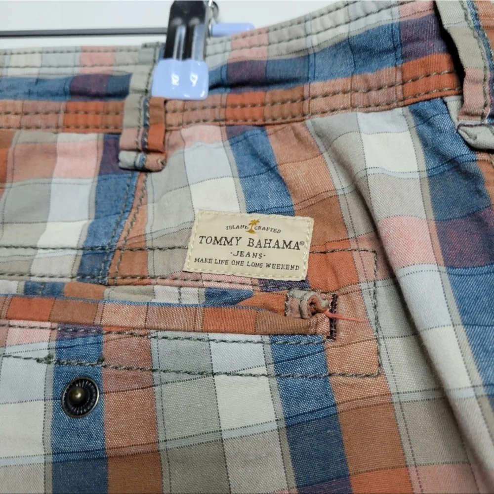 Tommy Bahama Men's Orange Blue Plaid Check Summer Cargo Cotton Shorts‎ 35